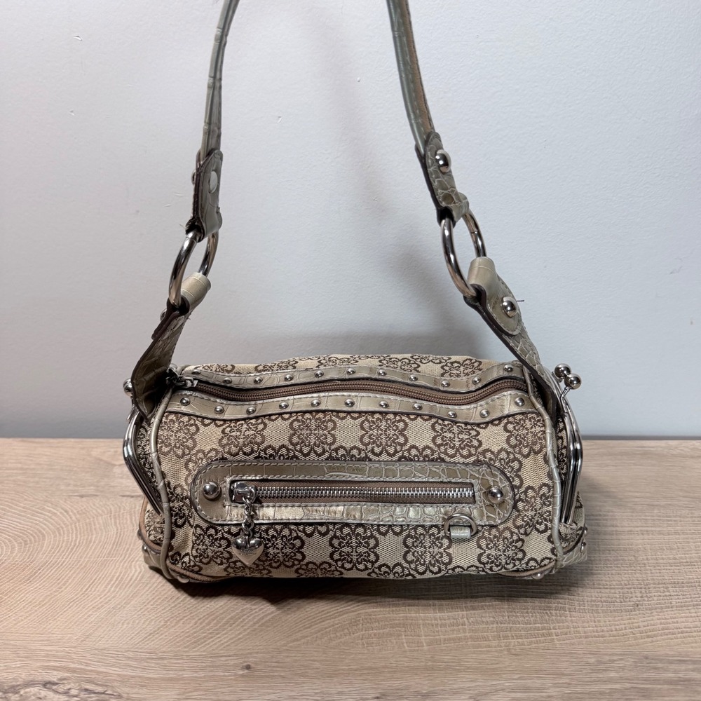 Kathy Van Zeeland Handbag Medium Gold Y2K Studded Croc Heart Charm Monogram